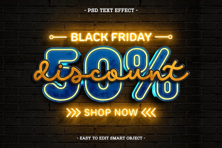 PSD Gratis neon black friday 50 sale editable text effect