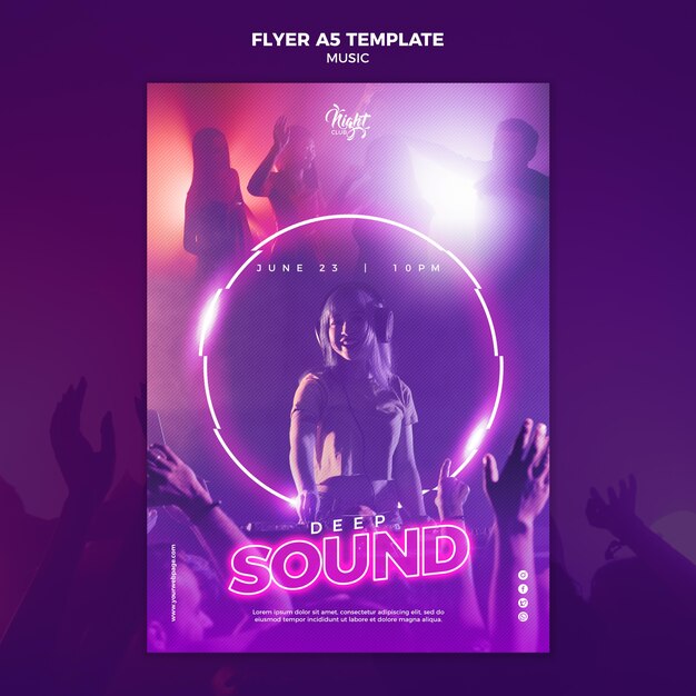 Neon flyer-sjabloon voor elektronische muziek met vrouwelijke dj