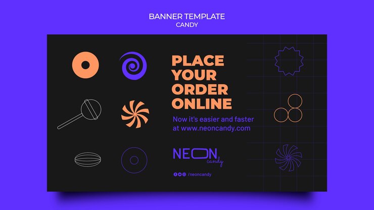 PSD Gratis neon horizontal banner template for candy store