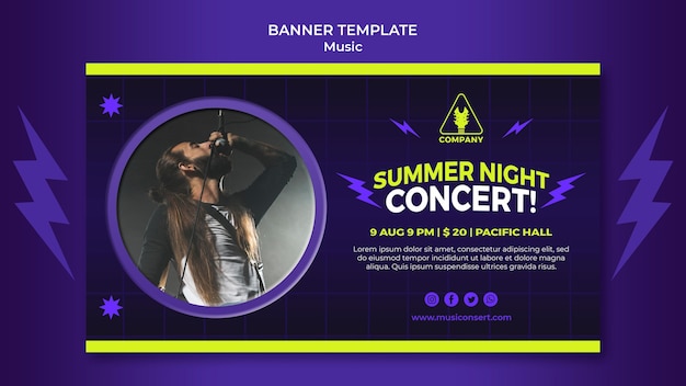 Gratis PSD neon horizontale bannersjabloon voor zomernachtconcert