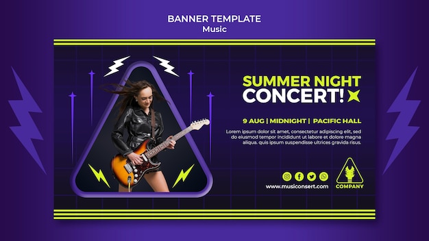 Neon horizontale bannersjabloon voor zomernachtconcert