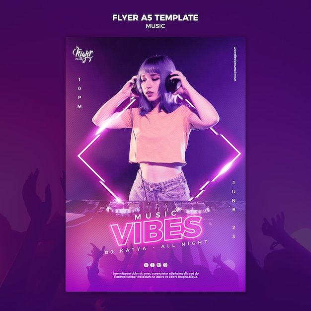 Neon verticale flyer-sjabloon voor elektronische muziek met vrouwelijke dj