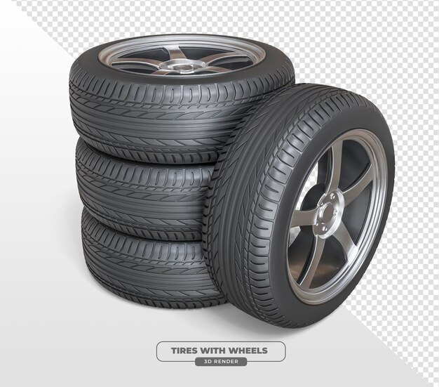 neumáticos de coche con rueda de metal en renderizado 3D con fondo transparente