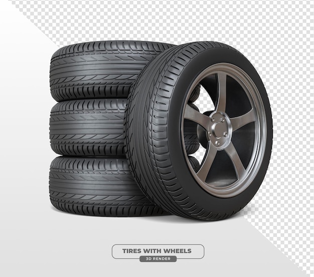 neumáticos de coche con rueda de metal en renderizado 3D con fondo transparente