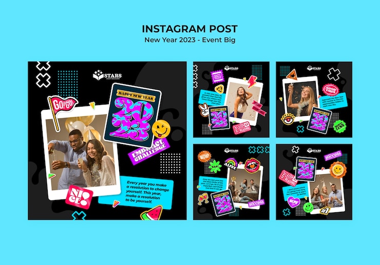 Gratis PSD nieuwjaar 2023 instagram posts-collectie met stickers