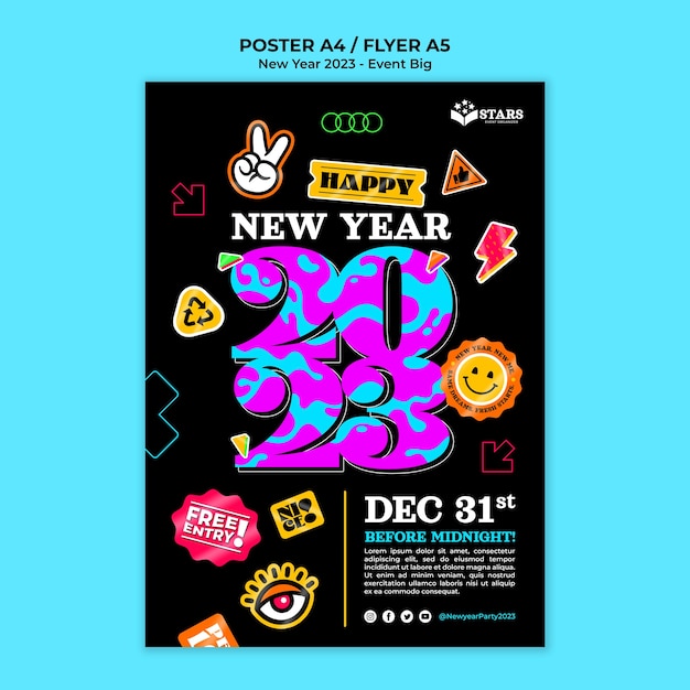 Gratis PSD nieuwjaar 2023 verticale poster sjabloon met stickers