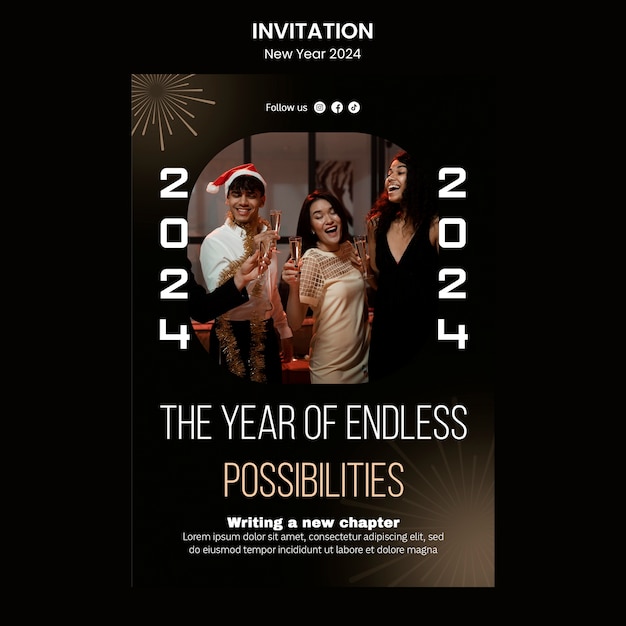 Gratis PSD nieuwjaar 2024 viering uitnodiging sjabloon