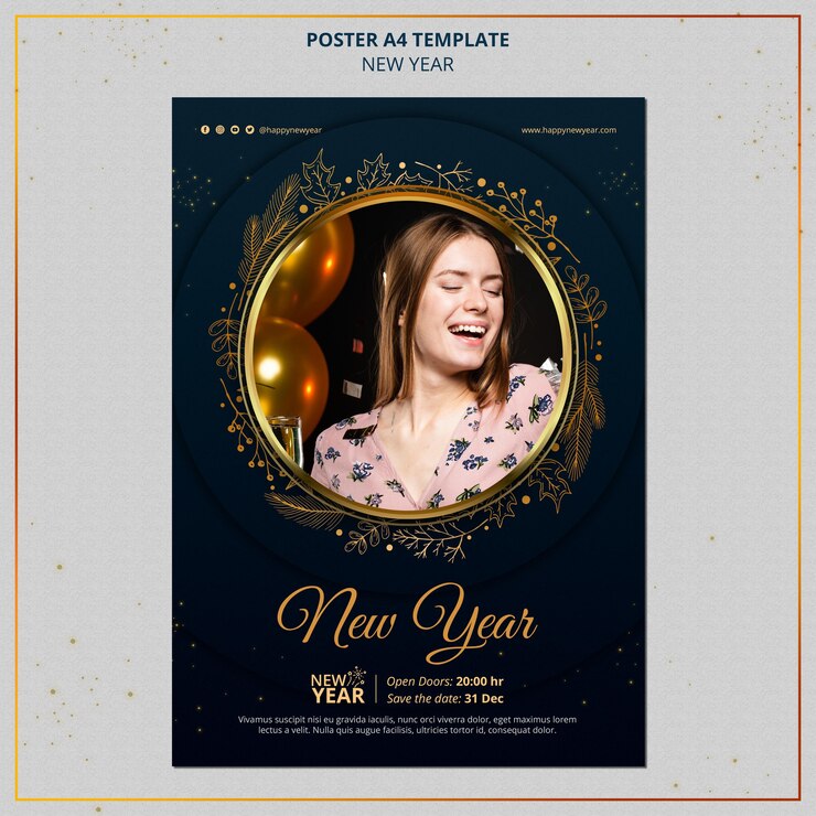Gratis PSD nieuwjaarsafdruksjabloon met gouden details