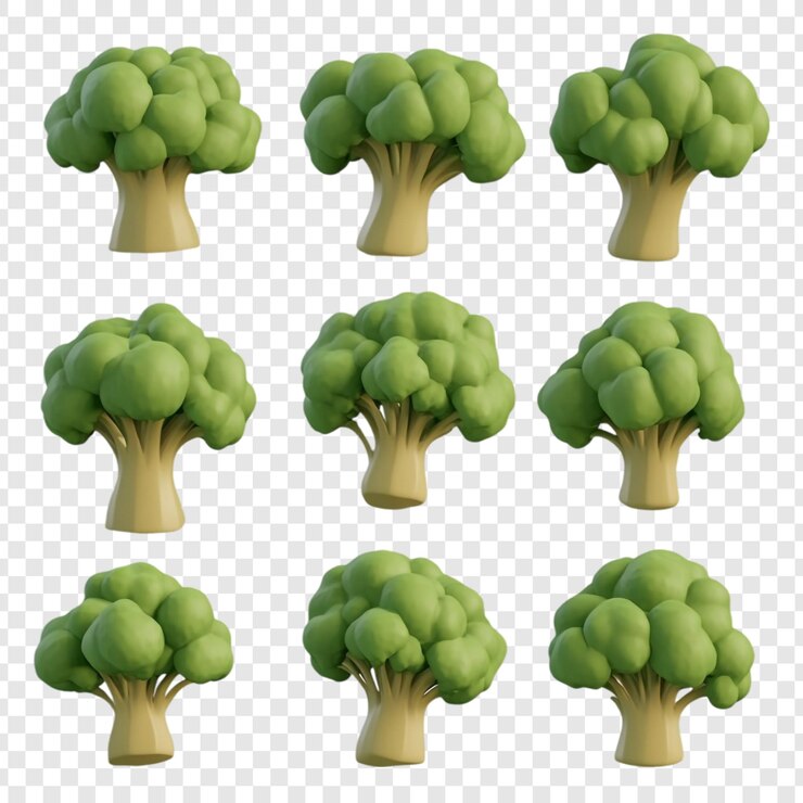 PSD Gratis nine 3d rendered broccoli models vibrant green vegetable collection