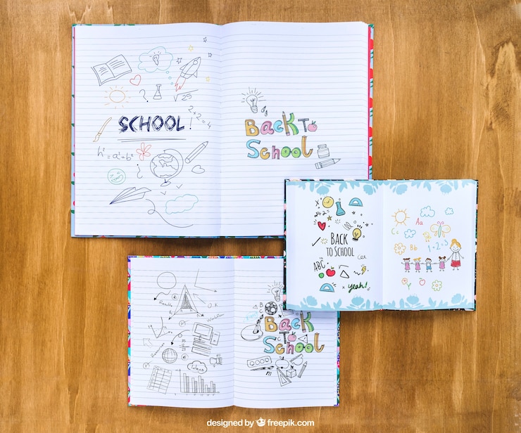 Gratis PSD notebooks met tekeningen op houten tafel