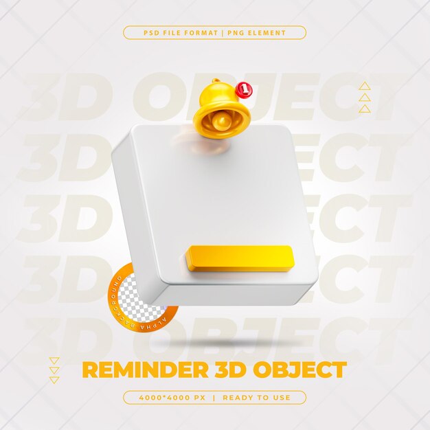 Notificación de recordatorio con alerta de campana Ilustración de representación 3D aislada