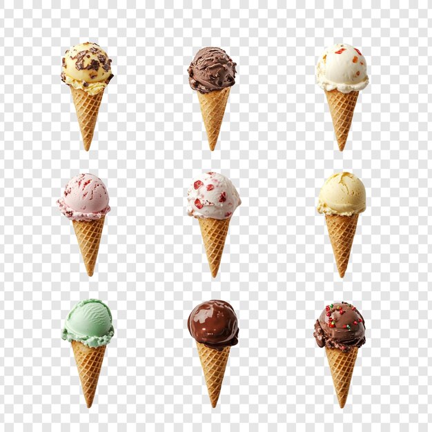 Nove deliziosi coni di gelato di vari sapori