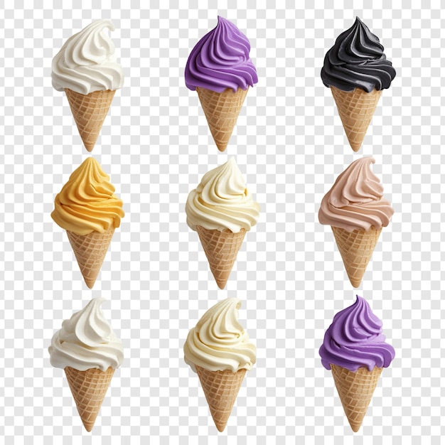 Nove deliziosi coni di gelato morbido in vari sapori