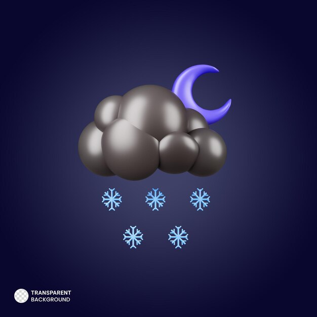 Nube nocturna con copos de nieve icono 3d render ilustración