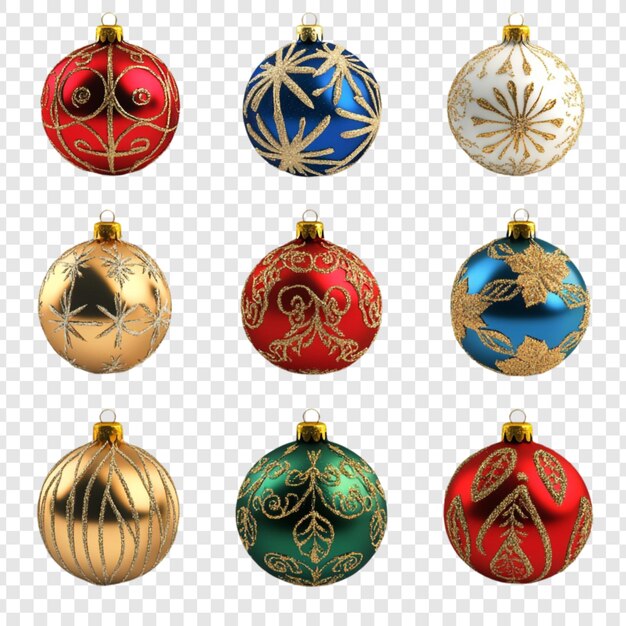 Nueve adornos festivos de Navidad brillantes rojo oro azul y verde decoraciones navideñas