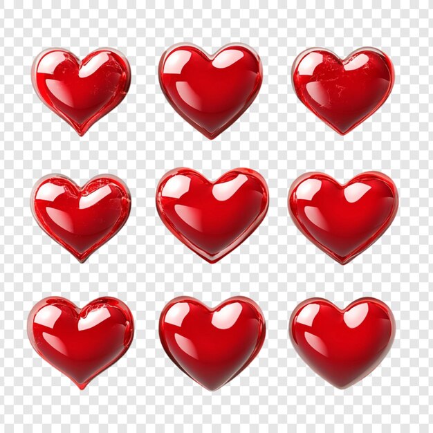 Nueve corazones rojos brillantes una colección de día de San Valentín