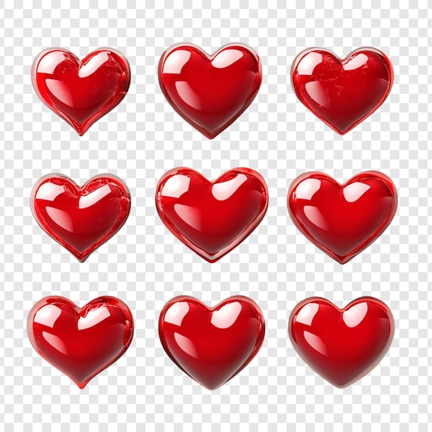 Nueve corazones rojos brillantes una colección de día de San Valentín
