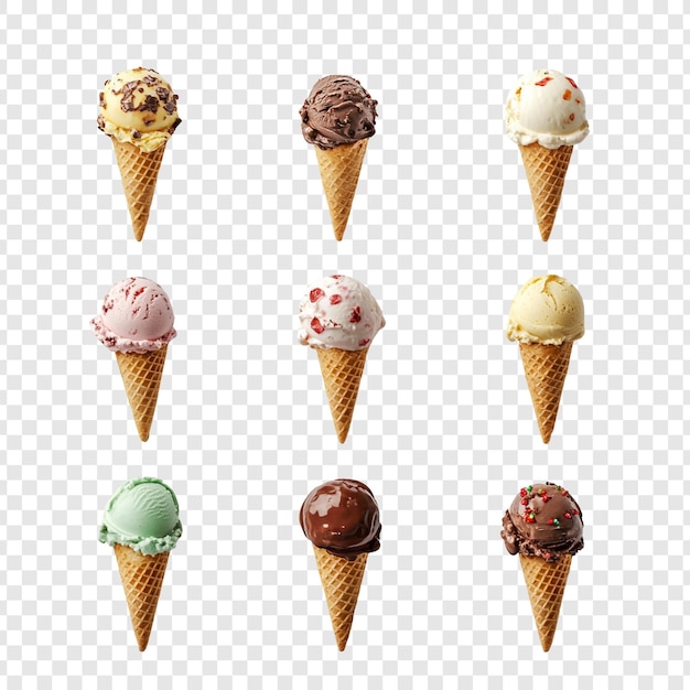Nueve deliciosos conos de helado de varios sabores