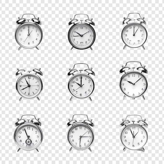 Nueve despertadores clásicos que muestran diferentes horas