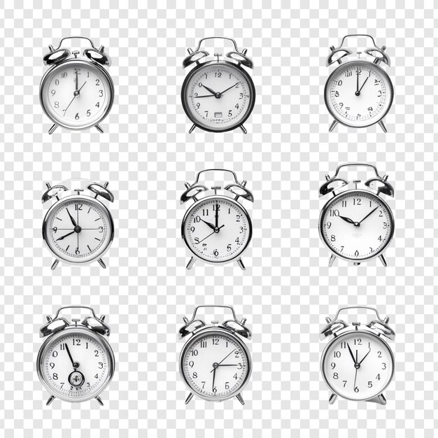 Nueve despertadores clásicos que muestran diferentes horas