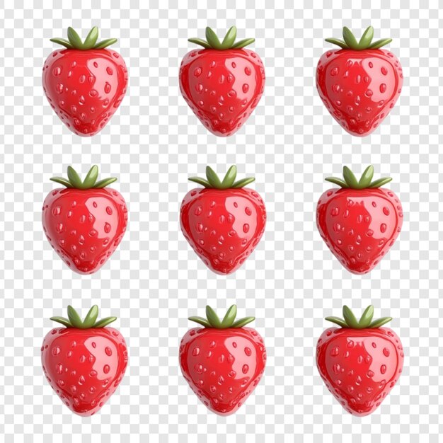 Nueve fresas rojas brillantes en 3D
