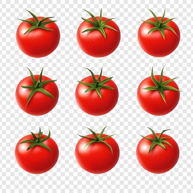 Nueve tomates rojos en un fondo transparente Imagen de alta calidad de tomates frescos y jugosos Perfectos para blogs de comida Libros de cocina y diseños culinarios