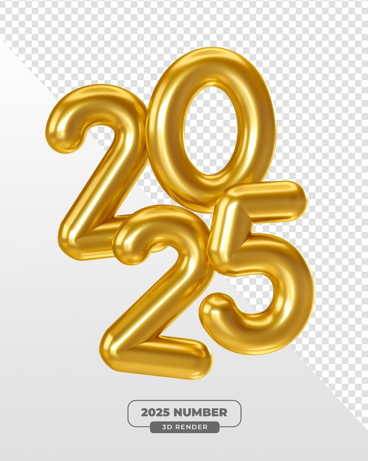 PSD gratuito numeri d'oro 2025 in 3d per le celebrazioni di capodanno con sfondo trasparente