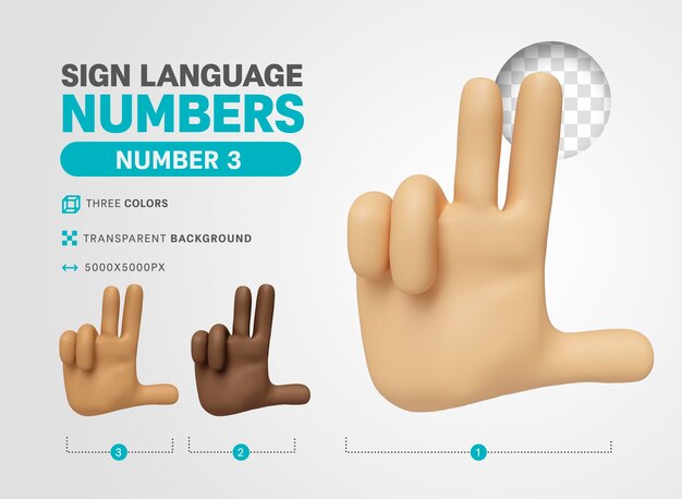 Número 3 en lenguaje americano signo 3d render dibujos animados