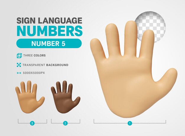 Número 5 en lenguaje americano signo 3d render dibujos animados