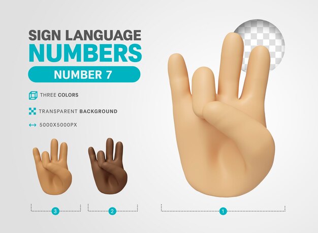 Número 7 en lenguaje americano signo 3d render dibujos animados
