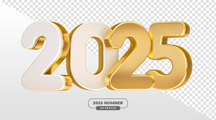 PSD gratuito números dorados y blancos de 2025 en 3d para celebraciones de año nuevo con fondo transparente