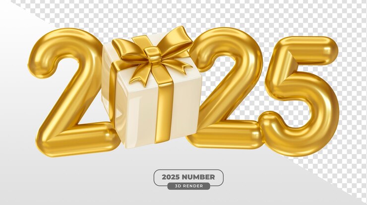 PSD gratuito números de globo de oro 2025 con caja de regalo en 3d para celebraciones navideñas con fondo transparente