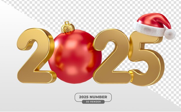 Números de oro 2025 con bola roja colgada en 3D con fondo transparente