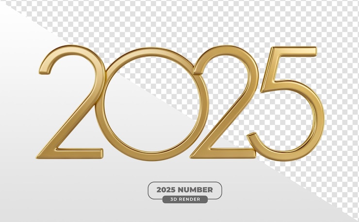 PSD gratuito números de oro minimalistas de 2025 en renderización 3d para diseños elegantes de año nuevo con fondo transparente
