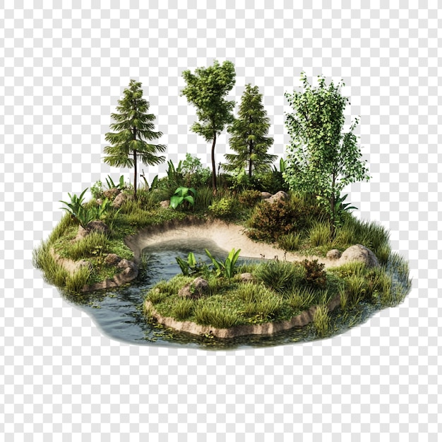 Oasis de la isla serena Renderizado en 3D del microcosmos exuberante