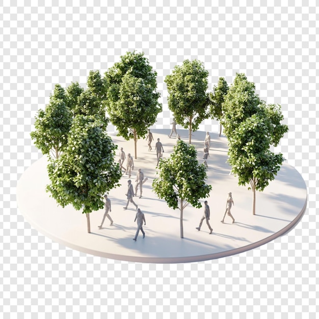 Oasis Urbano Tranquilo Renderizado en 3D de personas caminando entre árboles verdes y exuberantes en un parque circular