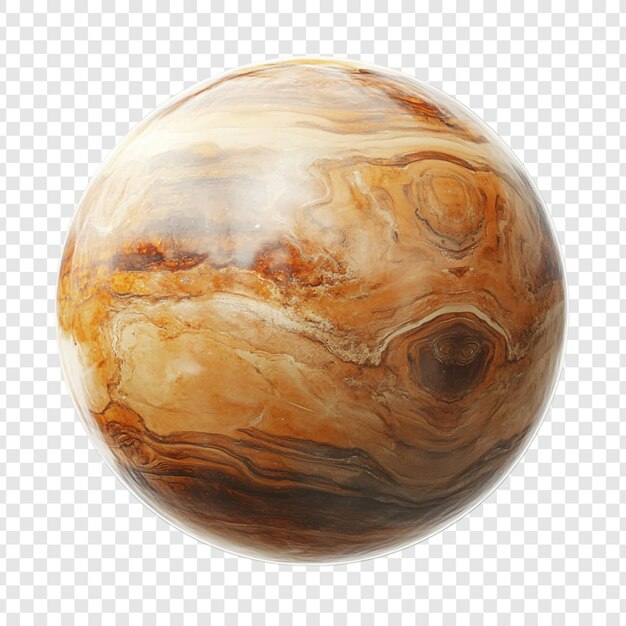 Un objeto esférico con una textura única parecida a la madera que muestra patrones giratorios de tonos marrones claros y oscuros que se asemejan a un planeta o cuerpo celeste