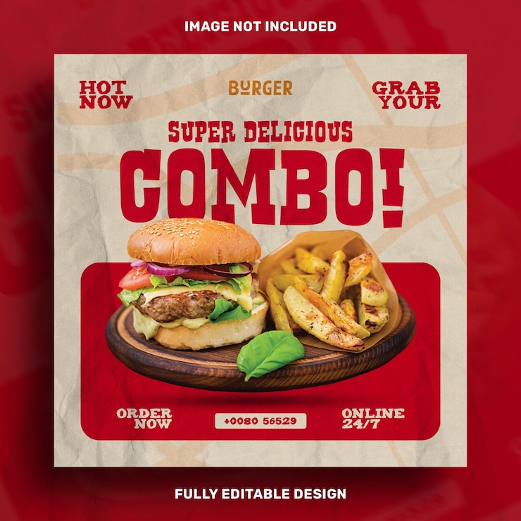 PSD gratuito oferta de burger combo de restaurantes promoción en las redes sociales modelo de diseño de publicaciones