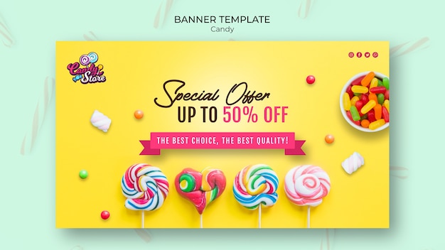 Oferta especial candy shop banner amarillo