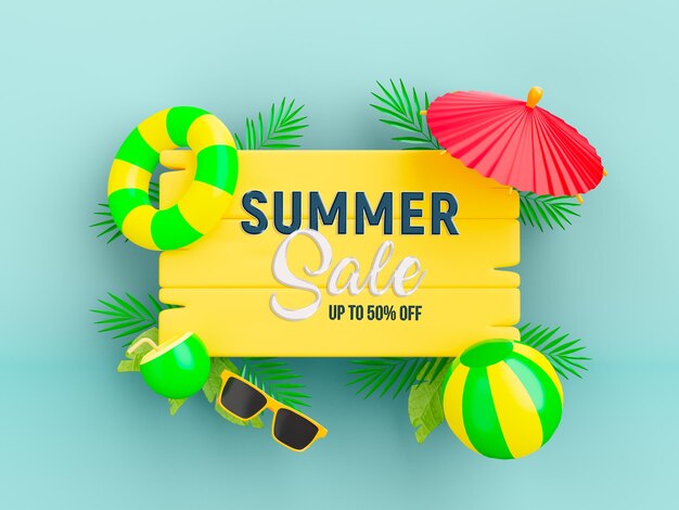 Oferta de verano hasta un 50 por ciento de descuento en la plantilla de banner de publicación en redes sociales