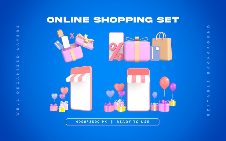 PSD Gratis online shopping with mobile phone object set isolated 3d render illustration