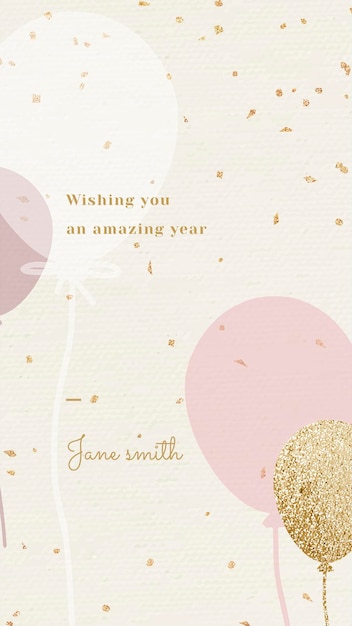 Online verjaardagswenssjabloon psd met roze en gouden ballonillustratie