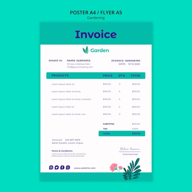Gratis PSD ontwerpsjabloon tuinieren factuur