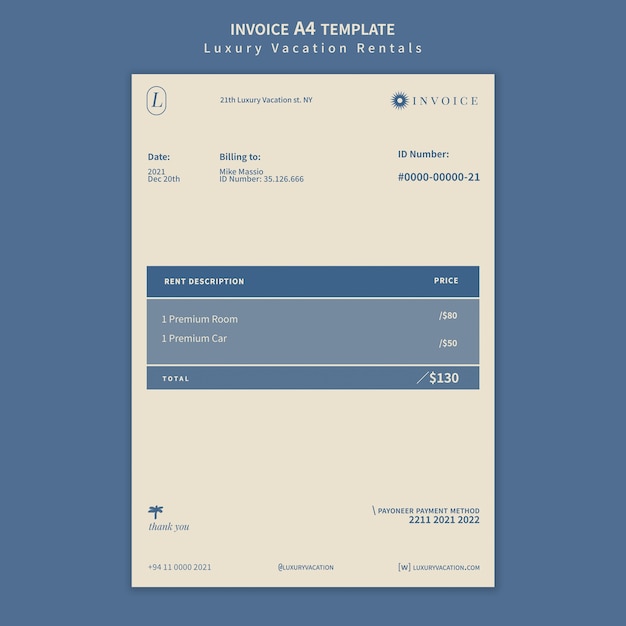 Gratis PSD ontwerpsjabloon voor luxe vakantieverhuur invoice