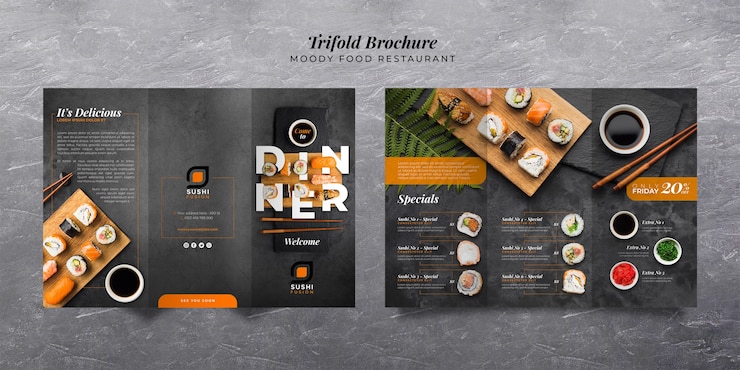 PSD gratuito opuscolo a tre ante del ristorante moody food