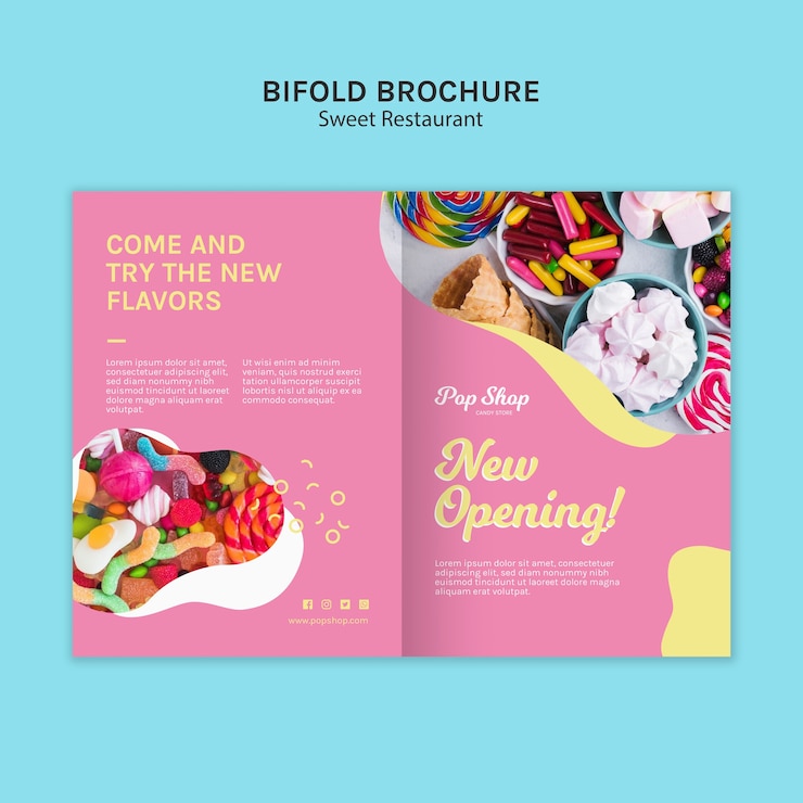 PSD gratuito opuscolo bifold per il design del negozio di caramelle pop