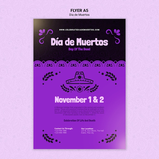 Gratis PSD paarse dia de muertos afdruksjabloon