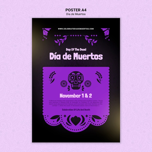 Gratis PSD paarse dia de muertos afdruksjabloon