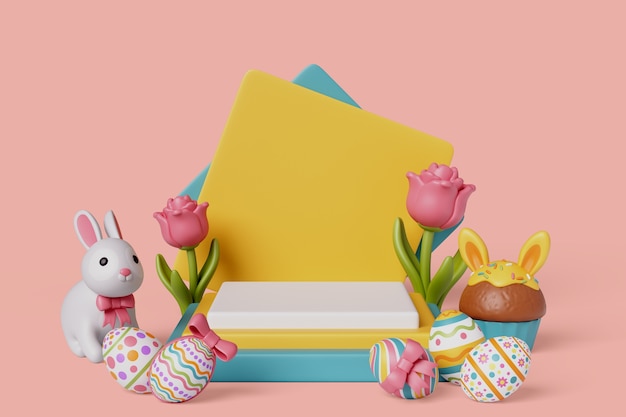 Paasverkoop podium achtergrond met bloemen en konijn