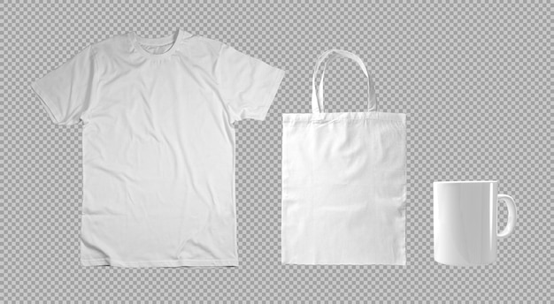 PSD gratuito pack de camiseta blanca tote bag y mug sobre fondo transparente